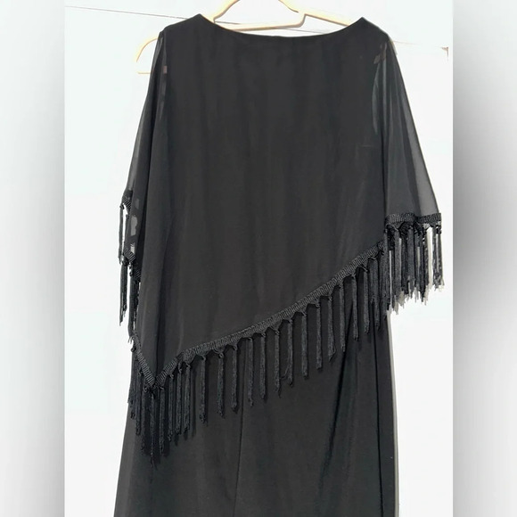 R & M Richards Black Dress Sleeveless Sheer fringed attached poncho - Picture 3 of 7